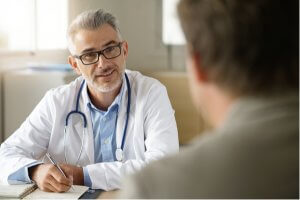 admissions staff talking to patient in office