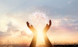 Person with psychological addiction finding recovery and raising hands to the sky